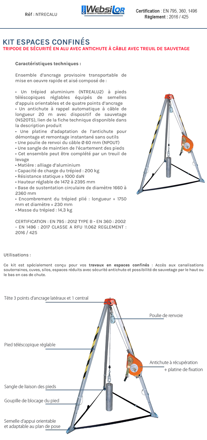 Informations techniques Kit tripode de sécurité avec antichute auto à câble de 20 m